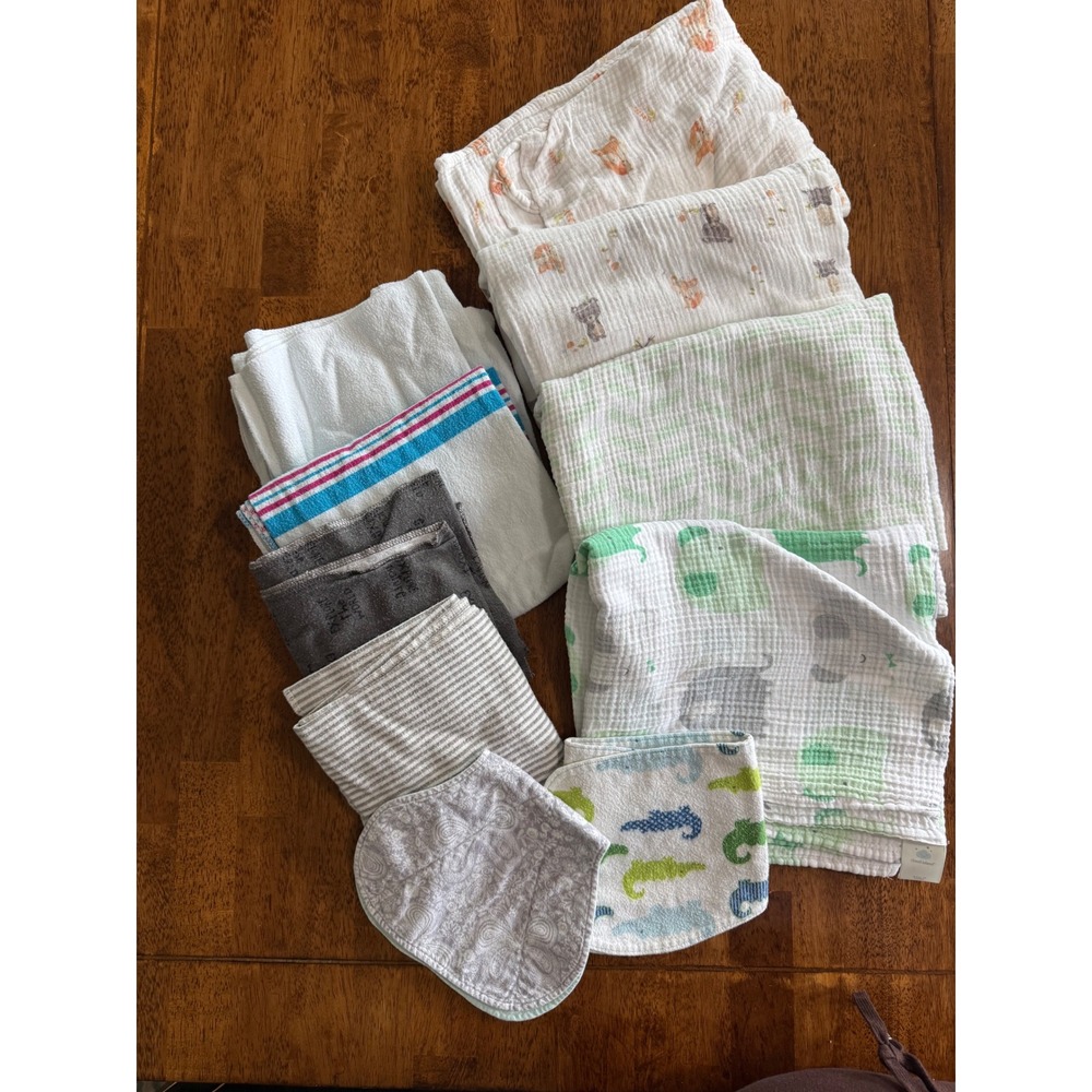 Baby Receiving Blankets and Burp Cloths Lot Muslin Swaddle Animal Prints 10pc